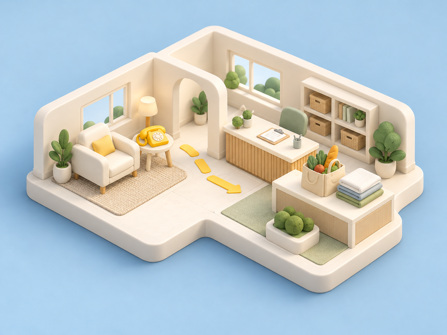 Concept illustration of a community support room, a yellow telephone and groceries prepared for handoff.