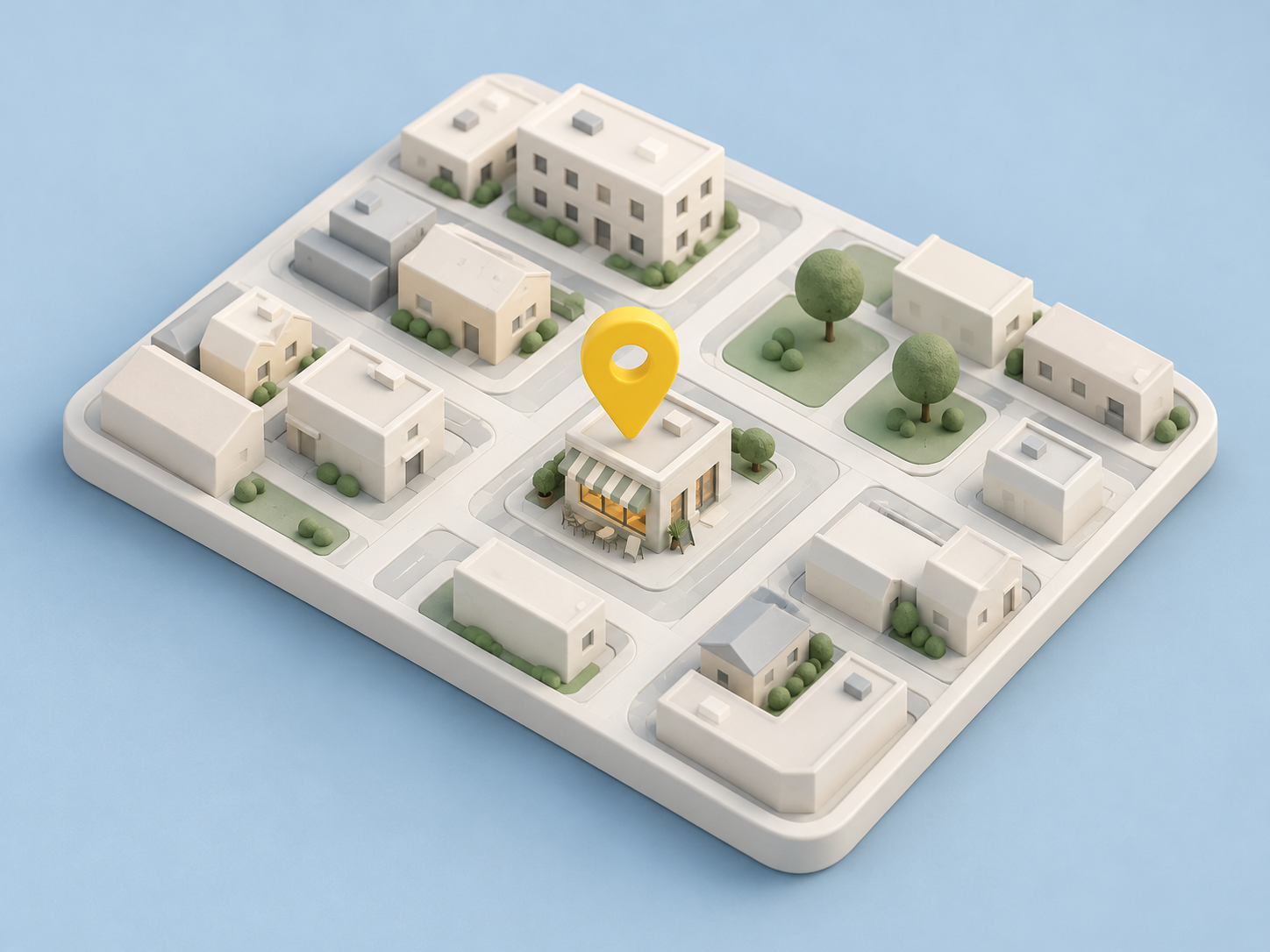 Concept illustration of a café on a neighborhood map, marked with a yellow location pin.